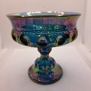 Vintage Carnival Glass Kings Crown Thumbprint Blue Iridescent Indiana Compote